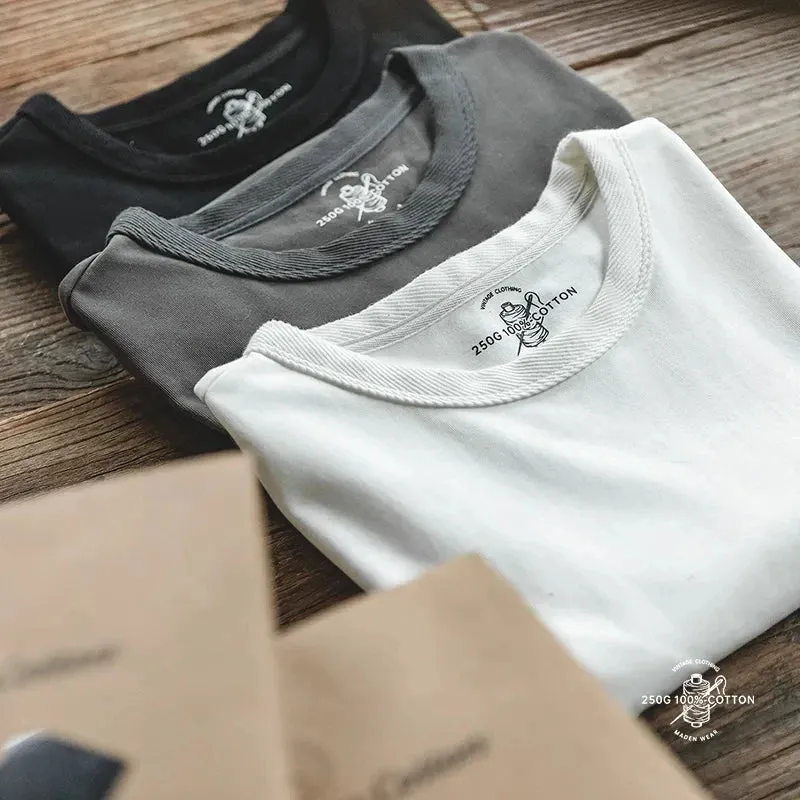 250g Cotton T-shirts Men Street Round Neck Tee - Gray White Solid Color