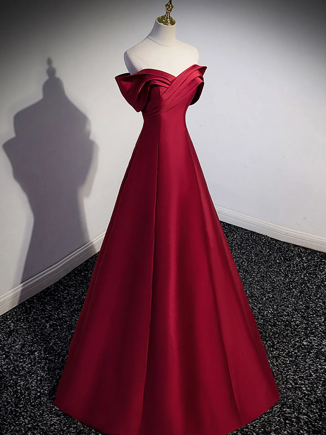 A-Line Burgundy Off Shoulder Long Prom Dress, Burgundy Evening Dress