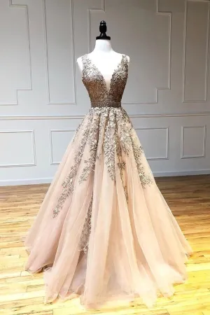 A Line V Neck Lace Champagne Tulle Long Prom Dress V Neck Lace Champagne Formal Dress Champagne Lace Evening Dress