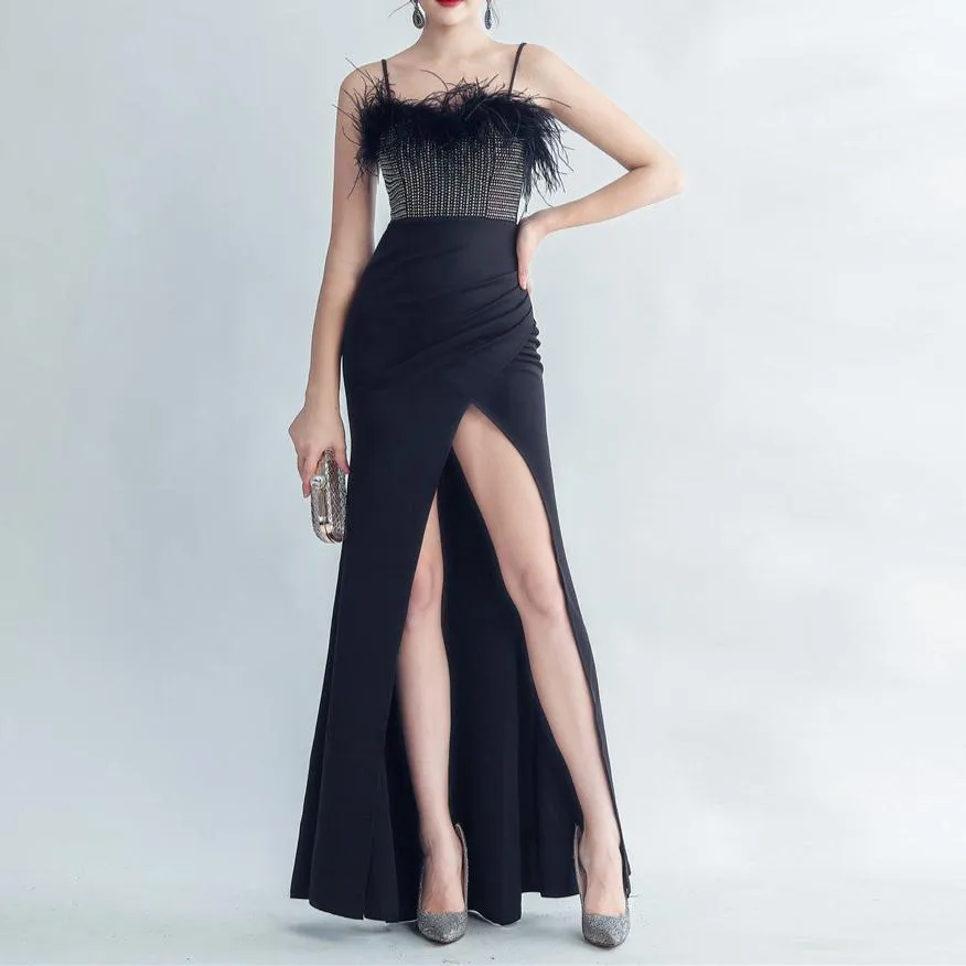 Alice Rhinestone Feathered Neckline Maxi Dress