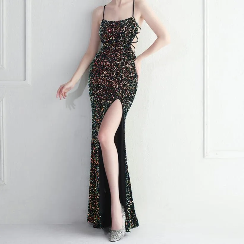 Beatrice Colorful Black Sequin Evening Maxi Dress