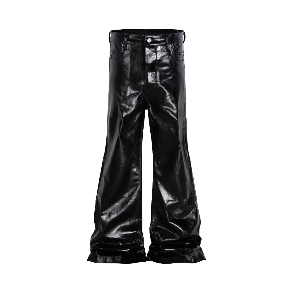 Black Glossy Patent Leather Micro-lapped Jeans Streetwear Tactical Pants