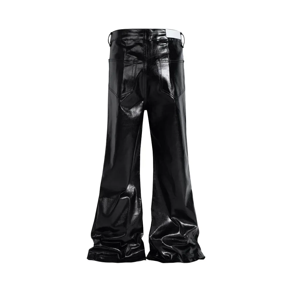 Black Glossy Patent Leather Micro-lapped Jeans Streetwear Tactical Pants