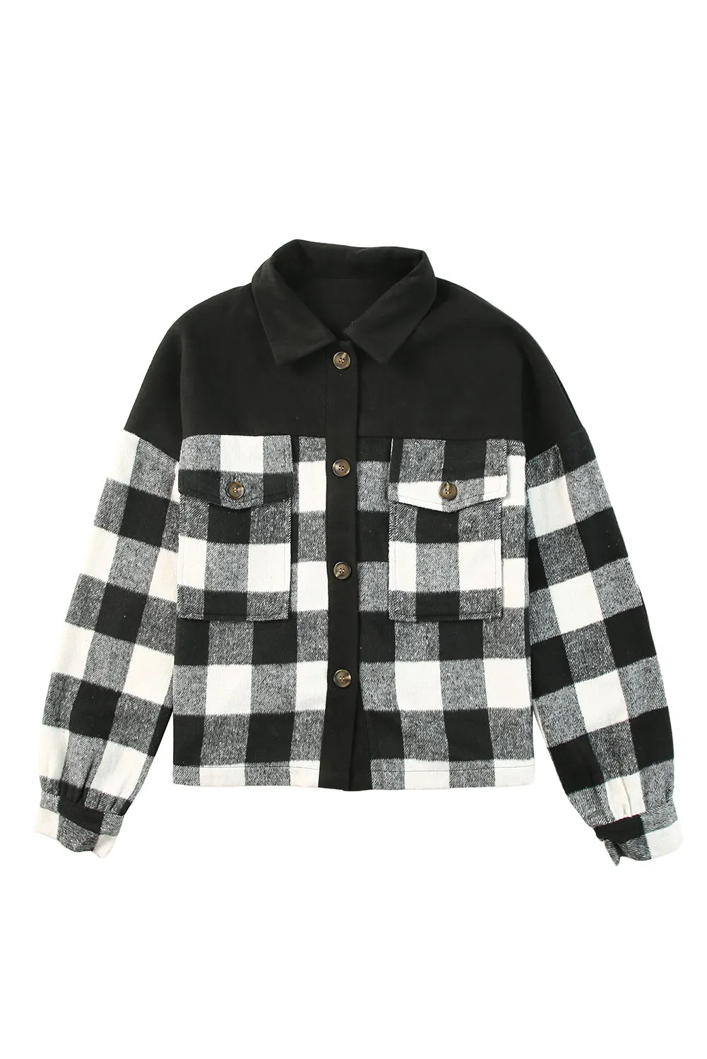 Black Plaid Patchwork Pockets Buttoned Shirt Jacket