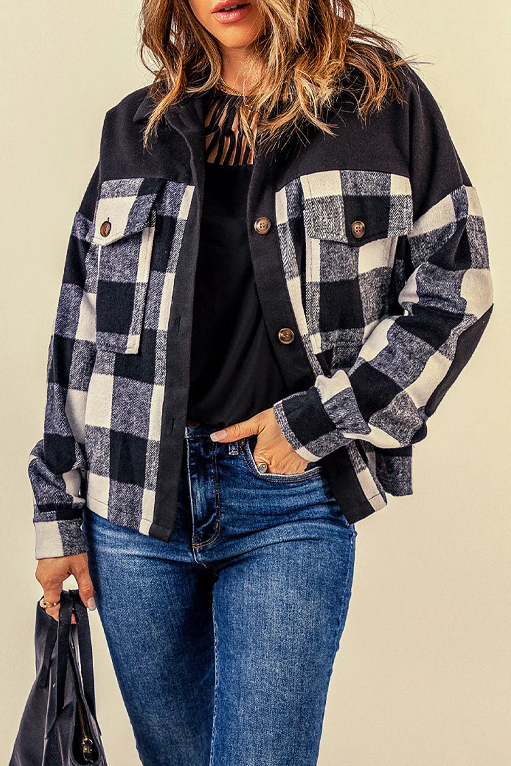 Black Plaid Patchwork Pockets Buttoned Shirt Jacket