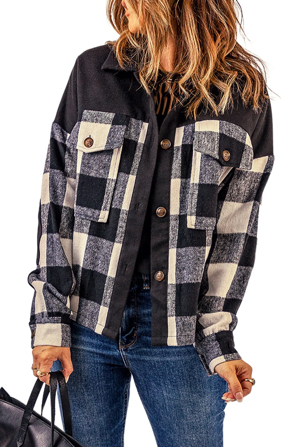 Black Plaid Patchwork Pockets Buttoned Shirt Jacket