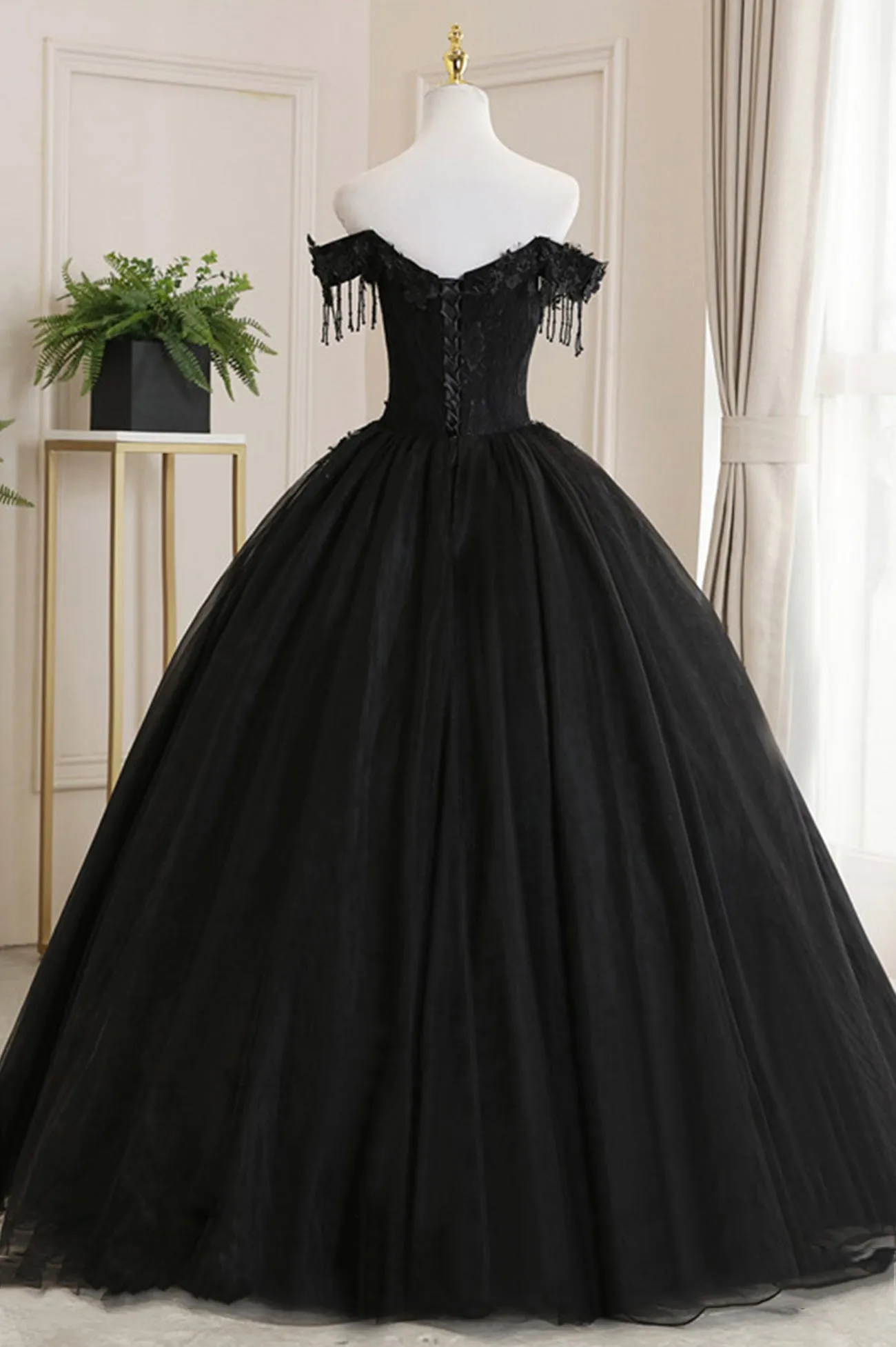 Black Tulle Lace Off the Shoulder Prom Dress Black A-Line Evening Dress