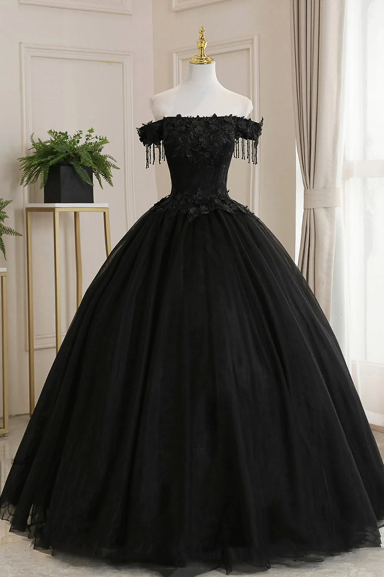 Black Tulle Lace Off the Shoulder Prom Dress Black A-Line Evening Dress