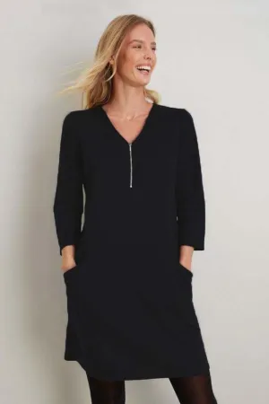 Black Zip V Neck Shift Dress