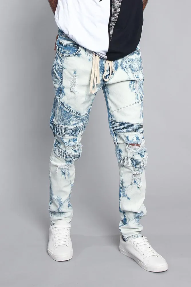 Bleached Moto Biker Denim Jeans