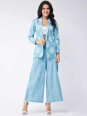 Blue Chambray Printed Blazer With Pant Set