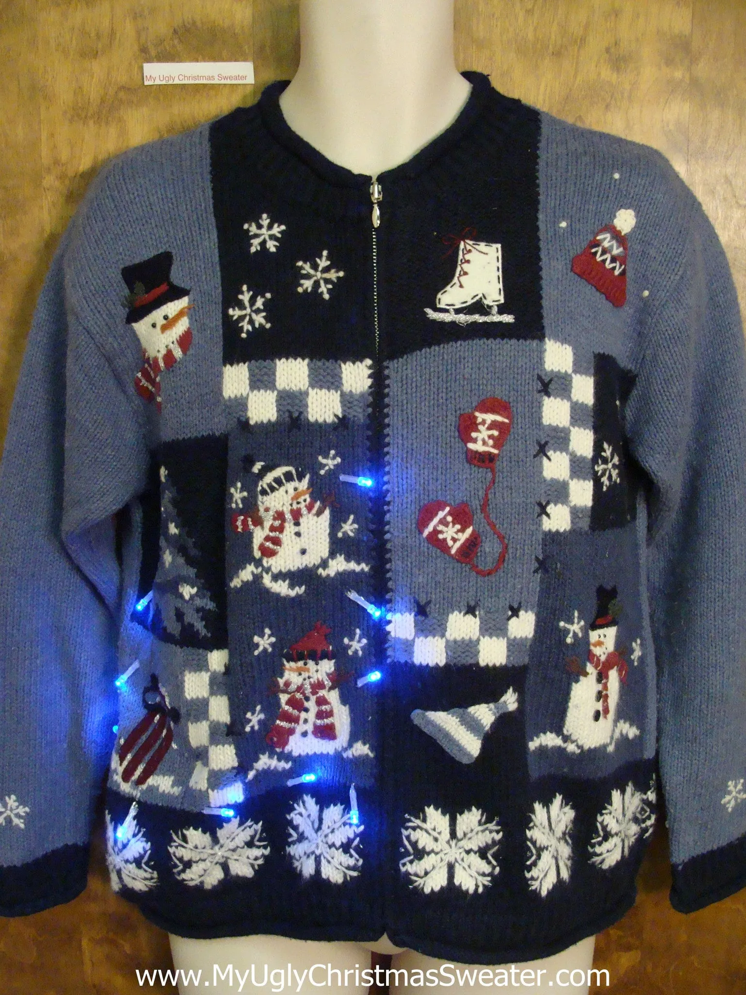 Blue Checkerboard and Snowmen Light Up Ugly Xmas Sweater