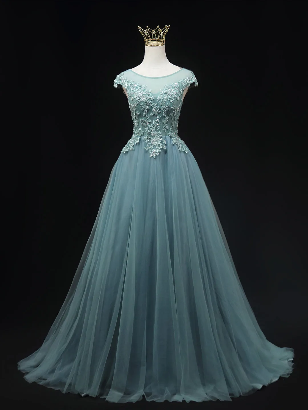 Blue Scoop Neckline Tulle Lace Long Prom Dress Beautiful Lace Formal Evening Dress