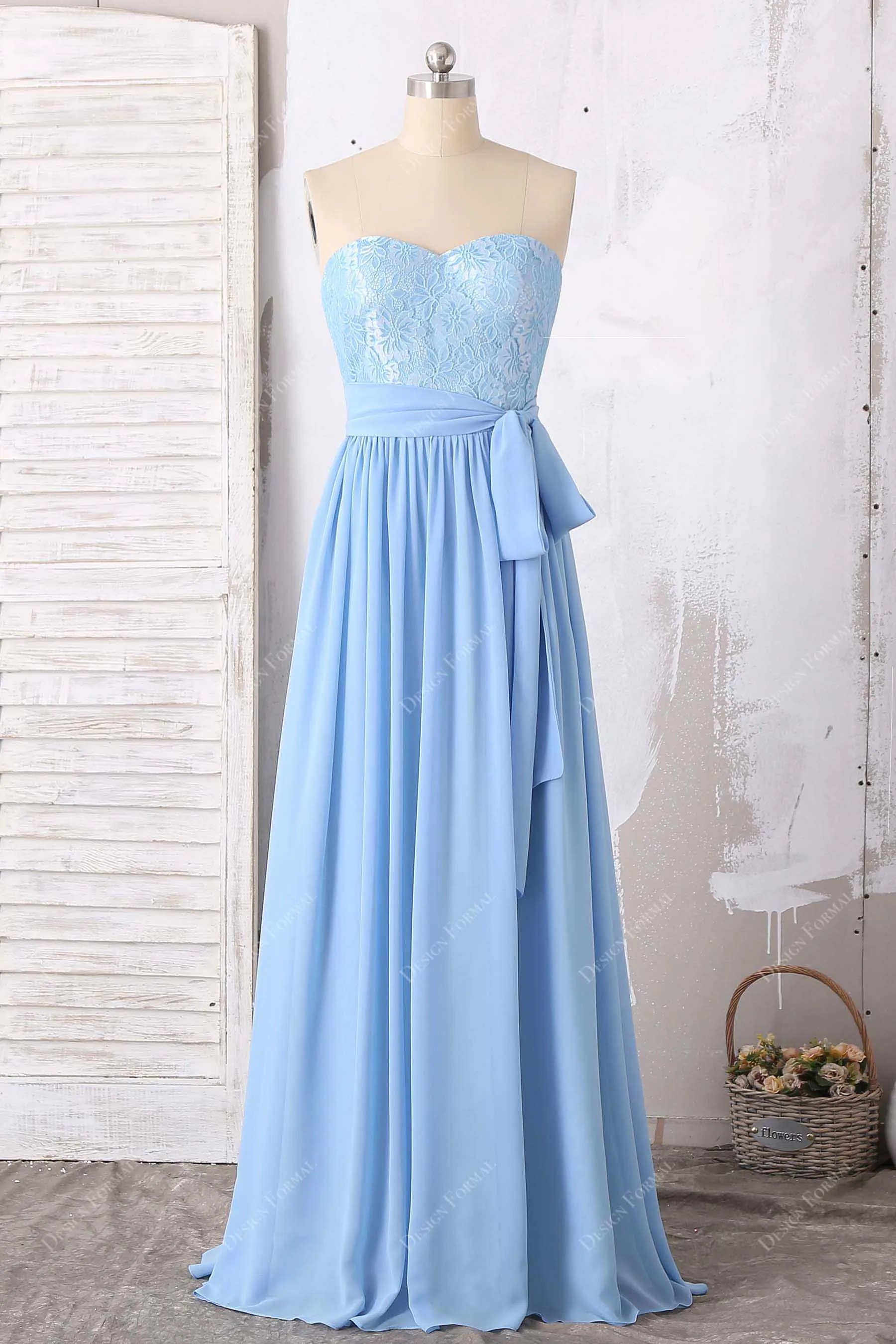 Blue Sweetheart Neck Lace Chiffon Floor Length Dress