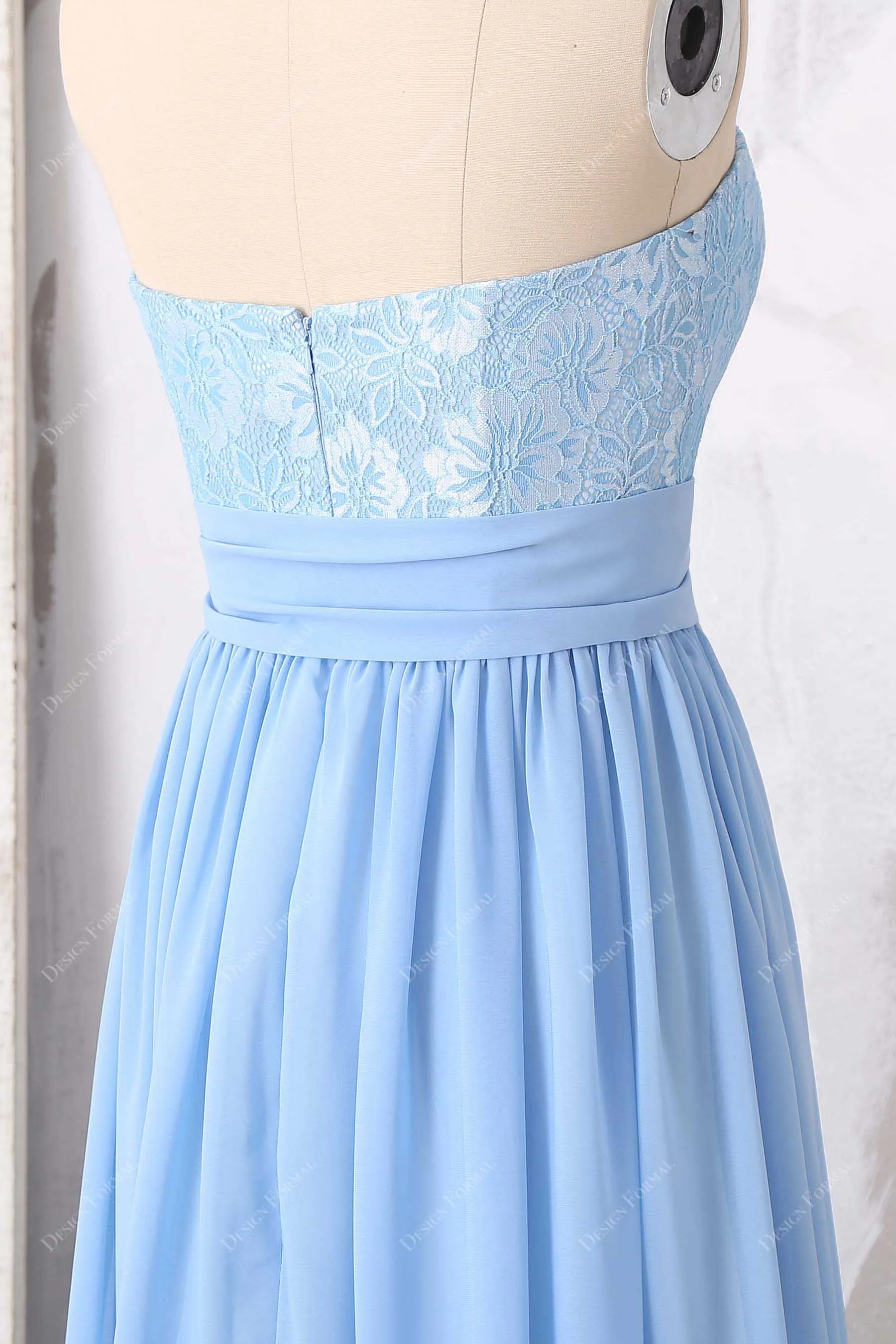 Blue Sweetheart Neck Lace Chiffon Floor Length Dress