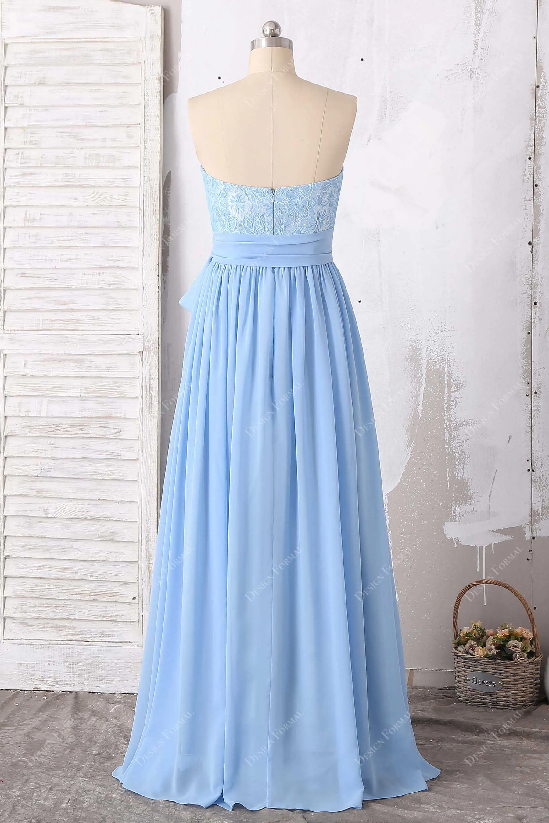 Blue Sweetheart Neck Lace Chiffon Floor Length Dress