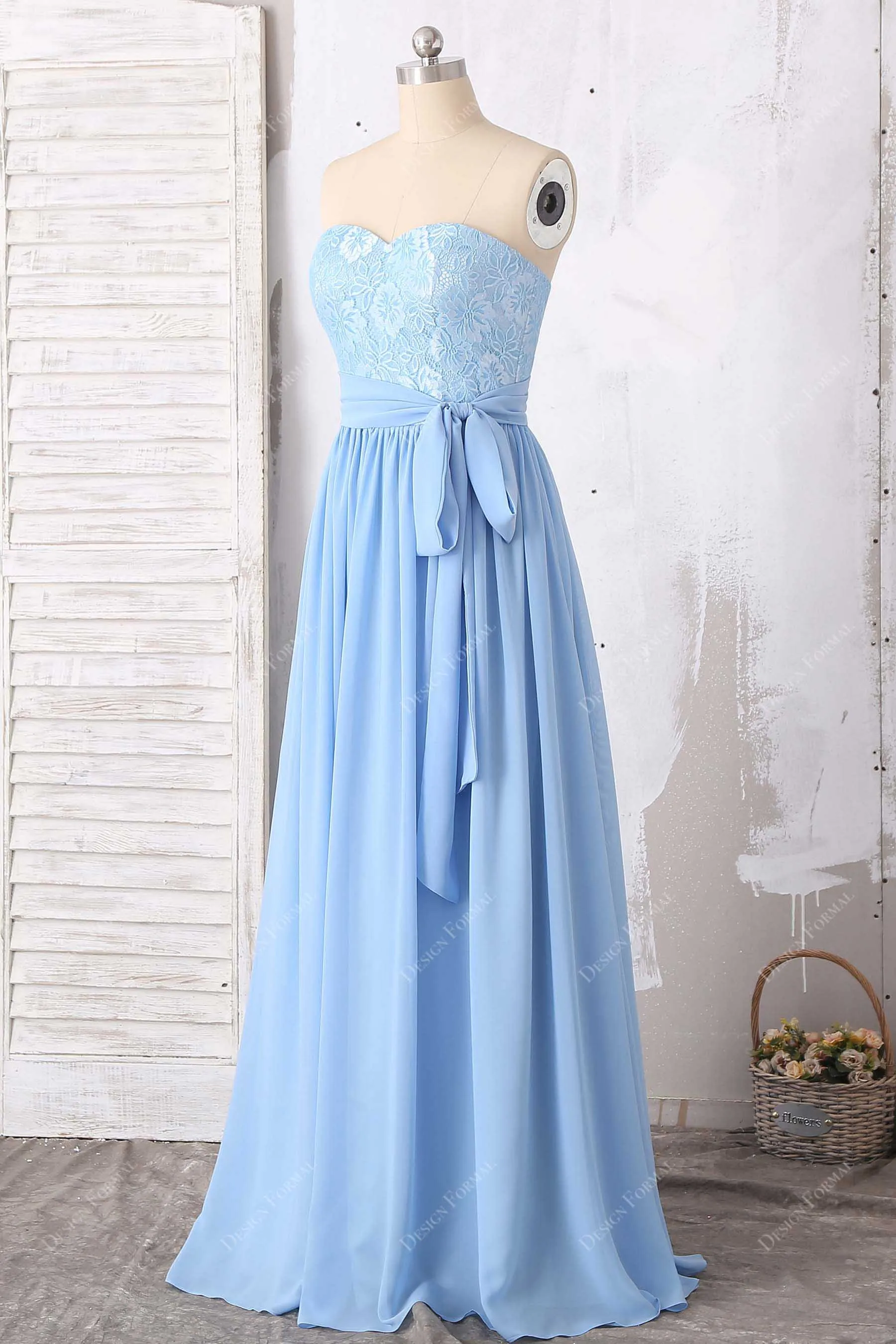 Blue Sweetheart Neck Lace Chiffon Floor Length Dress