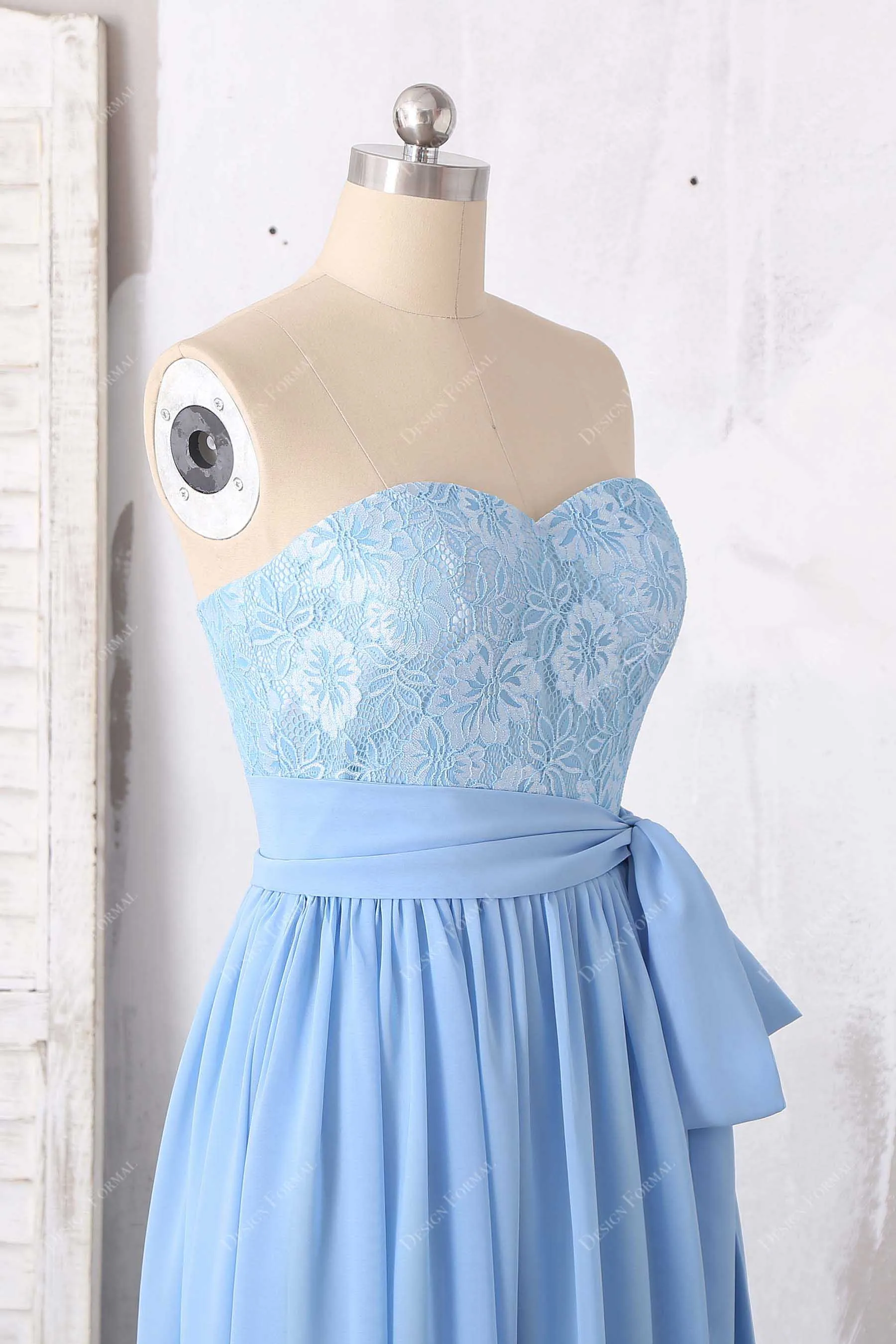 Blue Sweetheart Neck Lace Chiffon Floor Length Dress