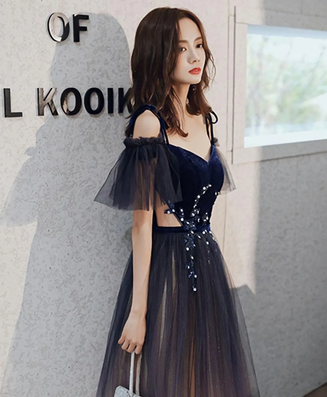 Blue Sweetheart Tulle Off Shoulder Long Prom Dress, Blue Evening Dress