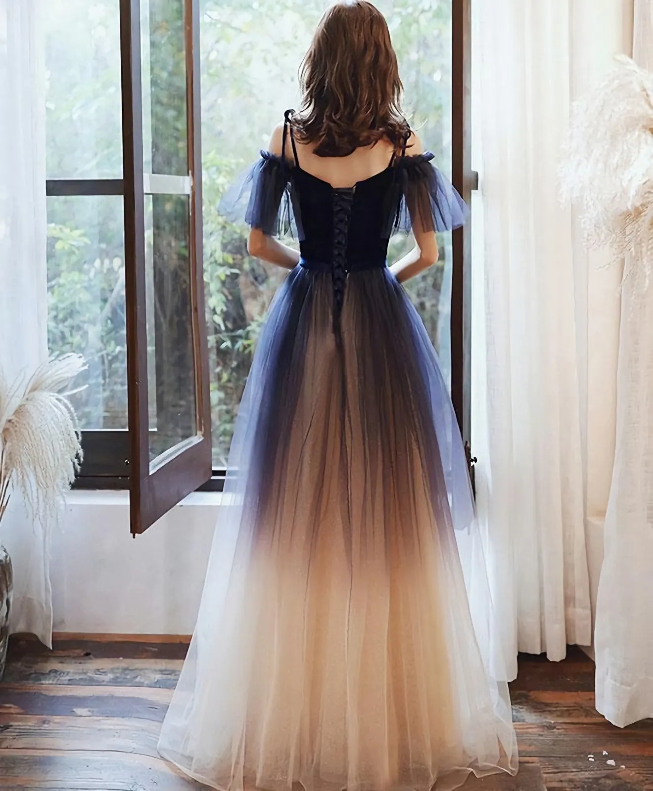 Blue Sweetheart Tulle Off Shoulder Long Prom Dress, Blue Evening Dress