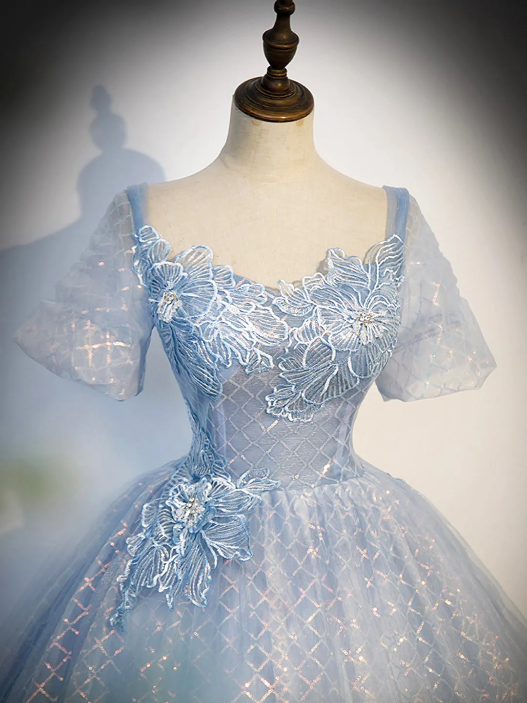 Blue Tulle Lace Long Prom Dress Shiny A-Line Short Sleeve Evening Dress