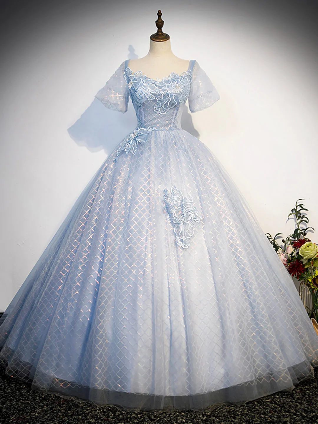 Blue Tulle Lace Long Prom Dress Shiny A-Line Short Sleeve Evening Dress