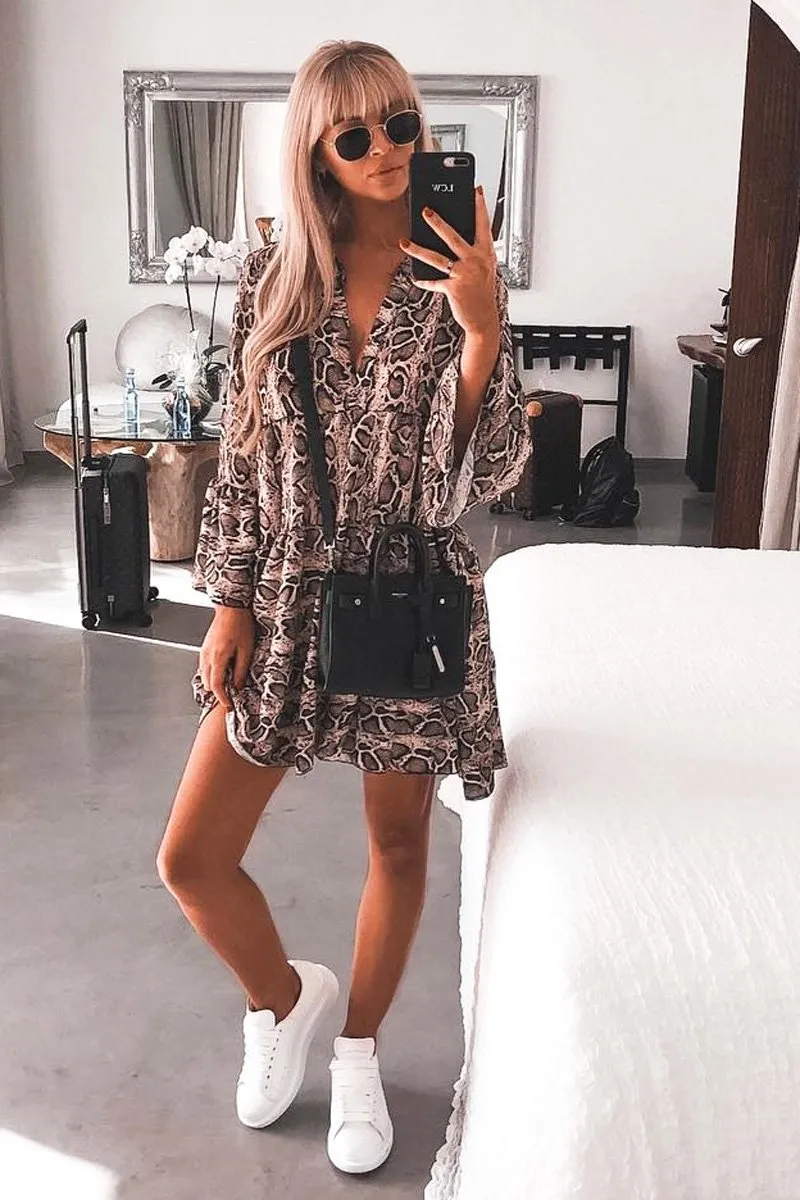 Brown Snake Print Plunge Flute Sleeve Shift Dress - Olesya