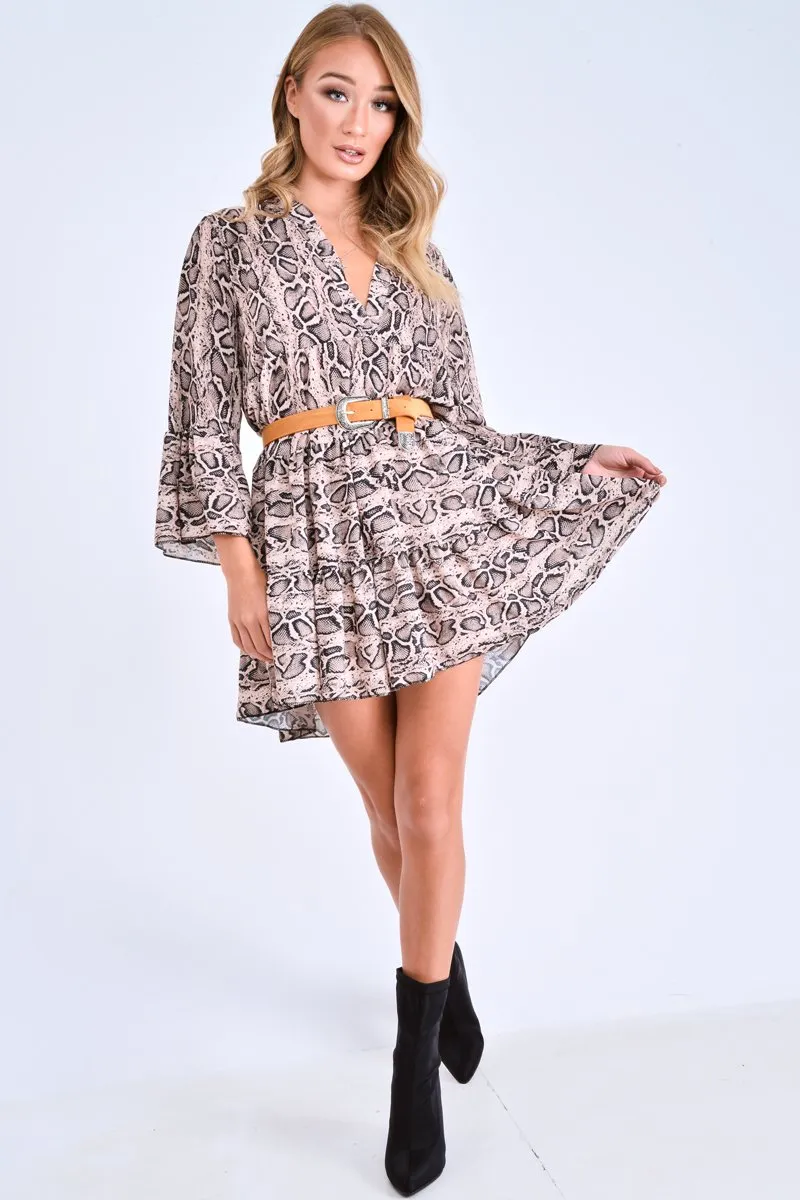 Brown Snake Print Plunge Flute Sleeve Shift Dress - Olesya