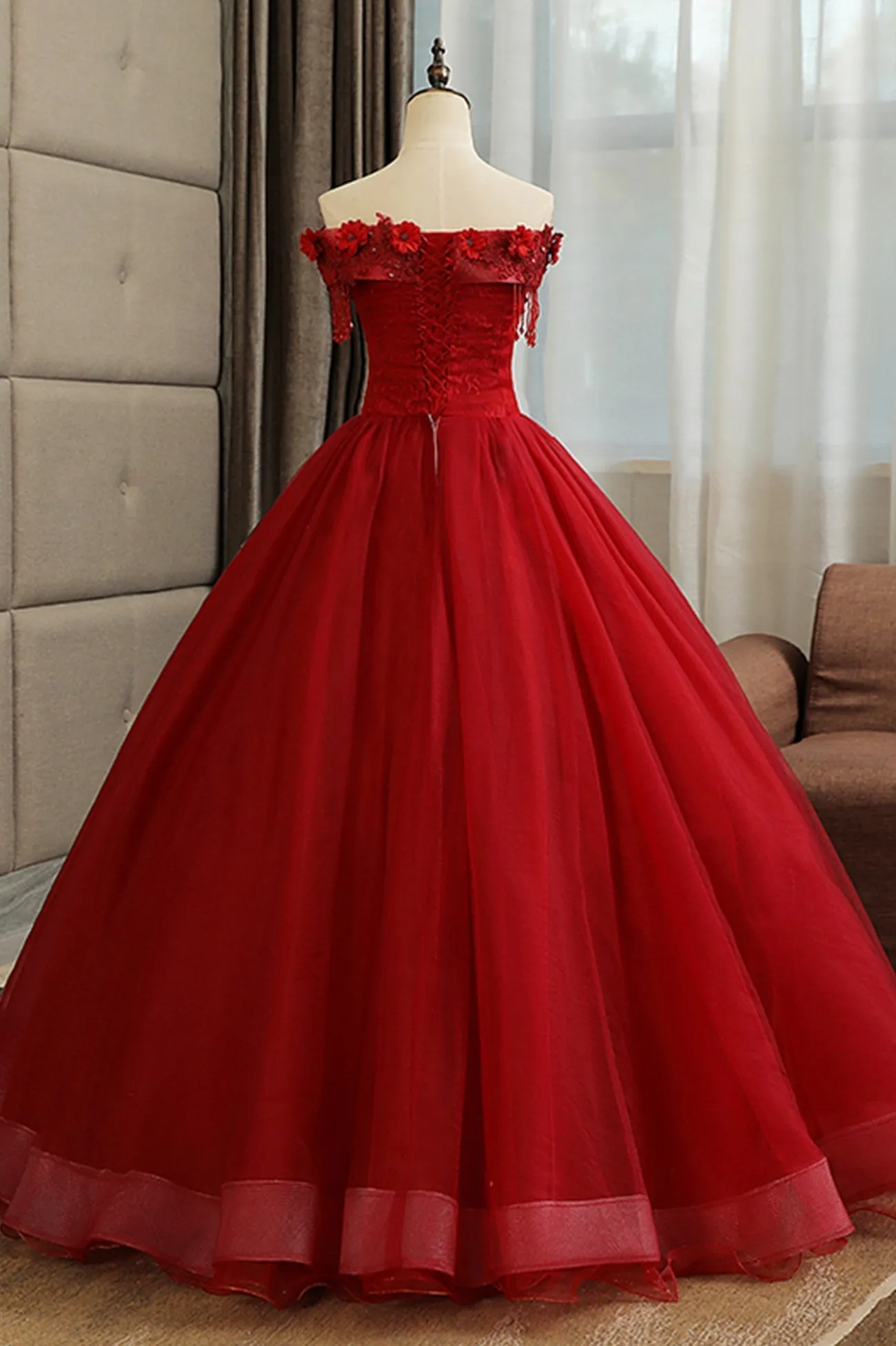 Burgundy Lace Long Formal Evening Dress A-Line Lace Ball Gown