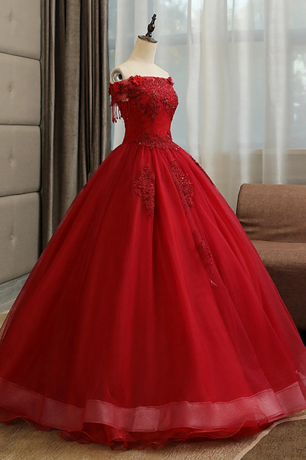 Burgundy Lace Long Formal Evening Dress A-Line Lace Ball Gown