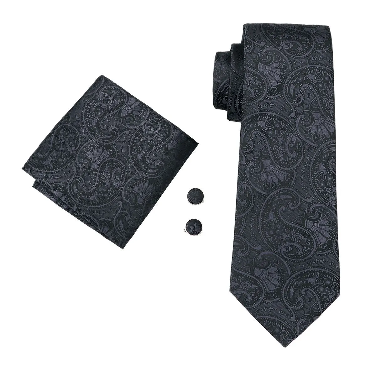 Classic Black Floral Silk Men's Tie Hanky Cufflinks Set Gift Box Set