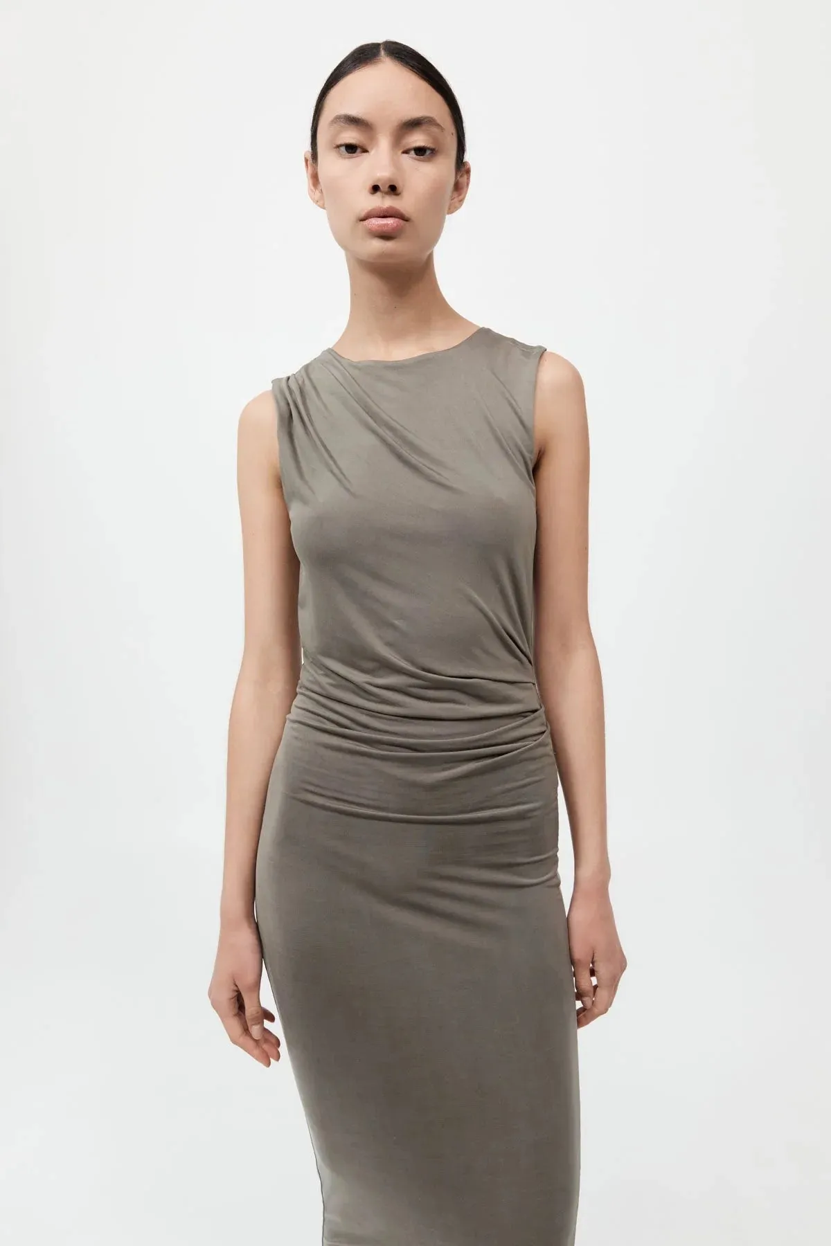 CUPRO JERSEY DRAPE DRESS SMOKEY OLIVE