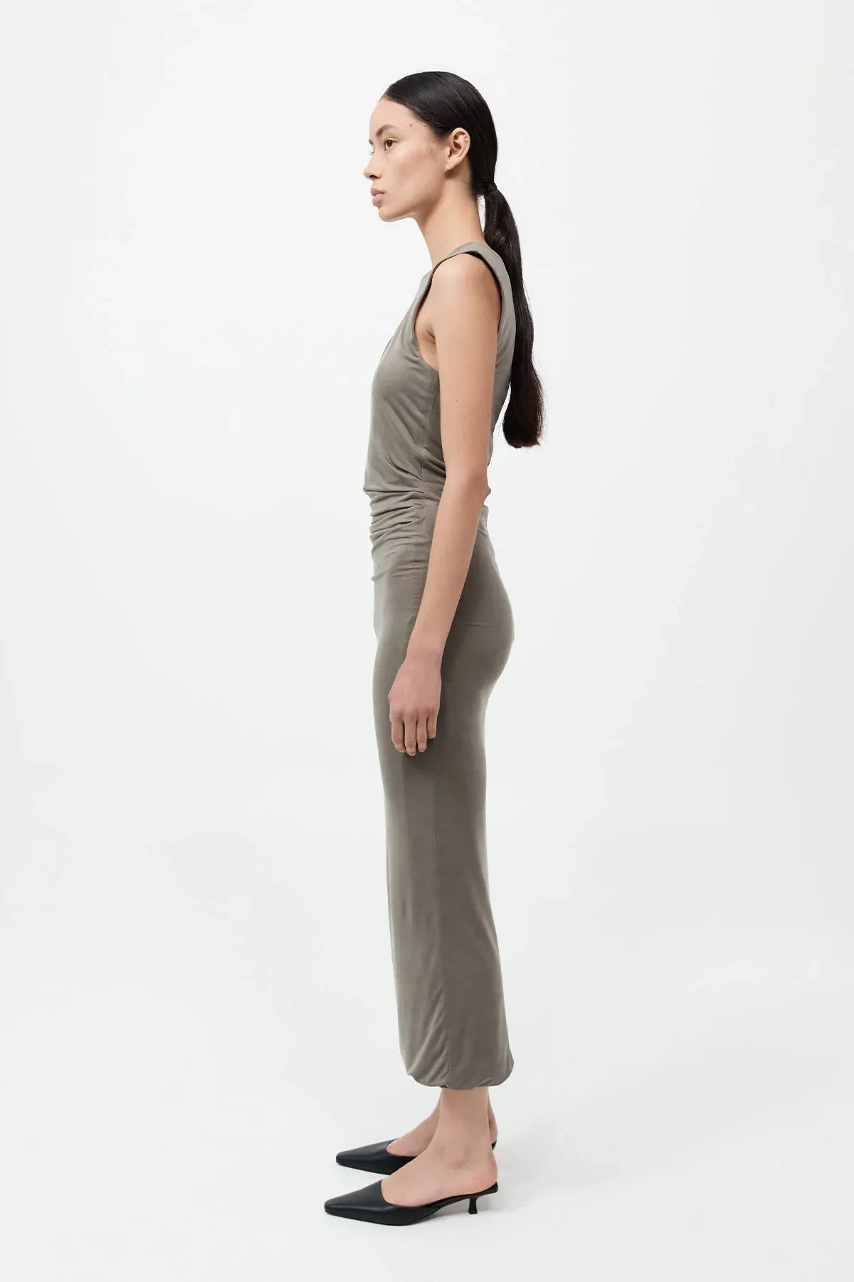 CUPRO JERSEY DRAPE DRESS SMOKEY OLIVE