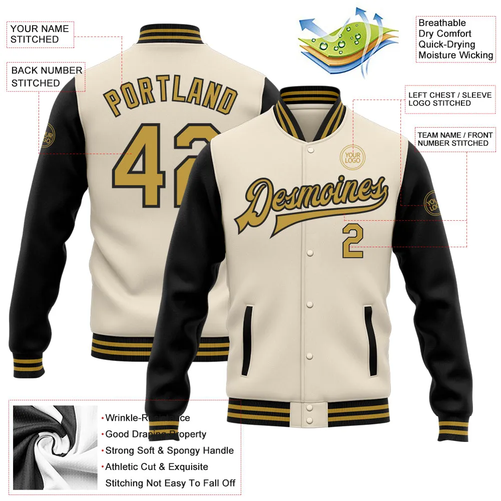 Custom Cream Old Gold-Black Bomber Full-Snap Varsity Letterman Two Tone Jacket