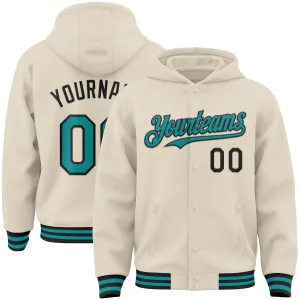 Custom Cream Teal-Black Bomber Full-Snap Varsity Letterman Hoodie Jacket