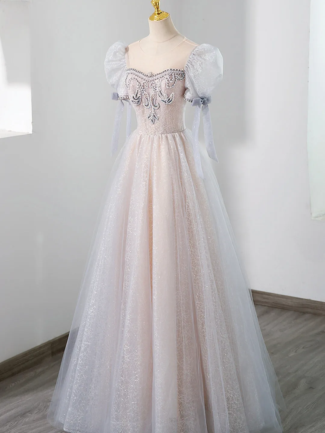 Cute Tulle Beaded Long Prom Dress A-Line Short Sleeve Evening Dress