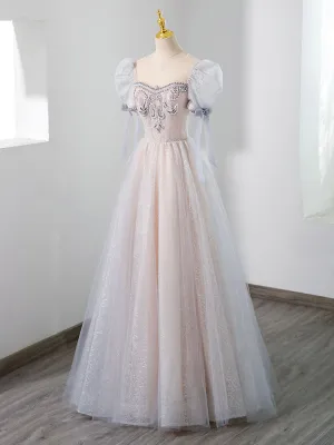 Cute Tulle Beaded Long Prom Dress A-Line Short Sleeve Evening Dress