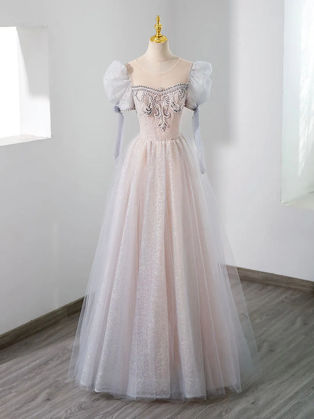 Cute Tulle Beaded Long Prom Dress A-Line Short Sleeve Evening Dress