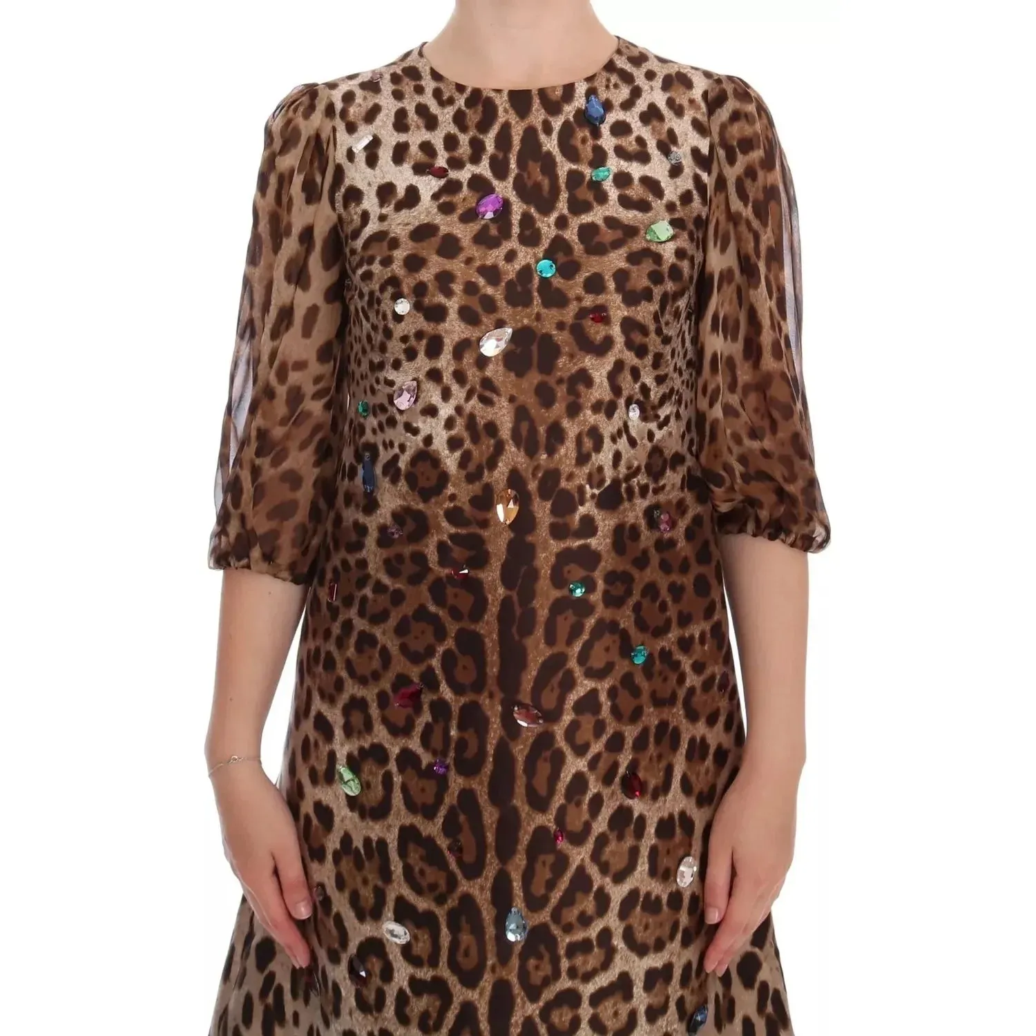 Dolce & Gabbana Leopard Silk Wool Crystal Shift Dress