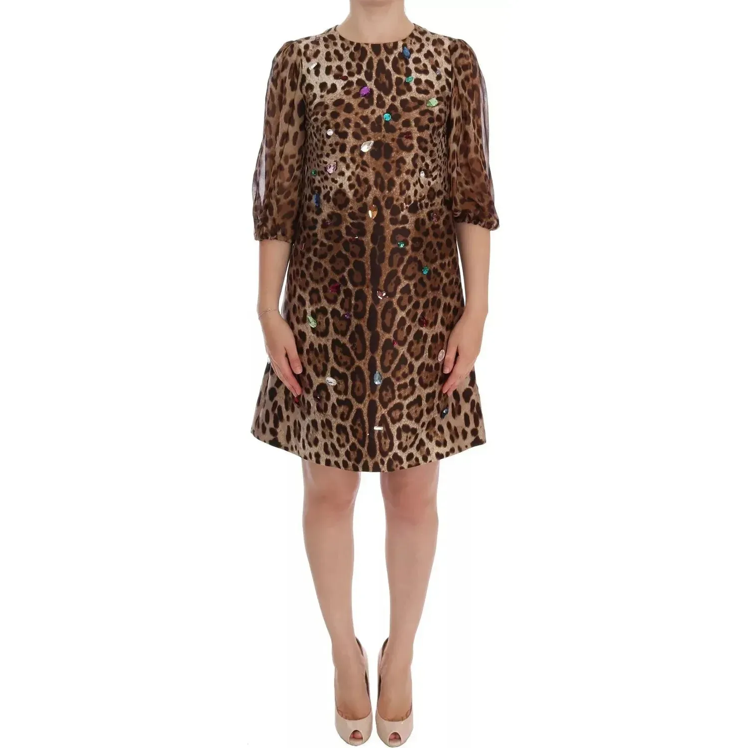 Dolce & Gabbana Leopard Silk Wool Crystal Shift Dress