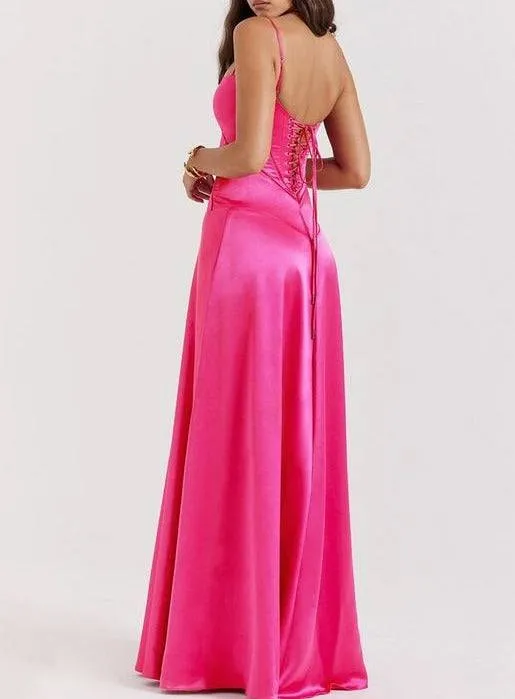 Faye Fitted-bodice Lace-up Satin Maxi Dress