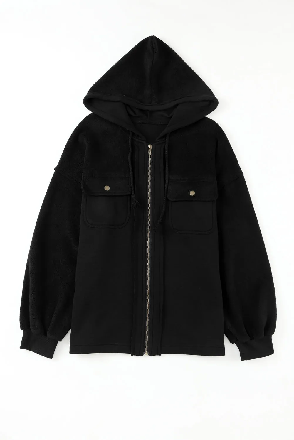 Flap Pocket Drawstring Hood Zip Up Jacket