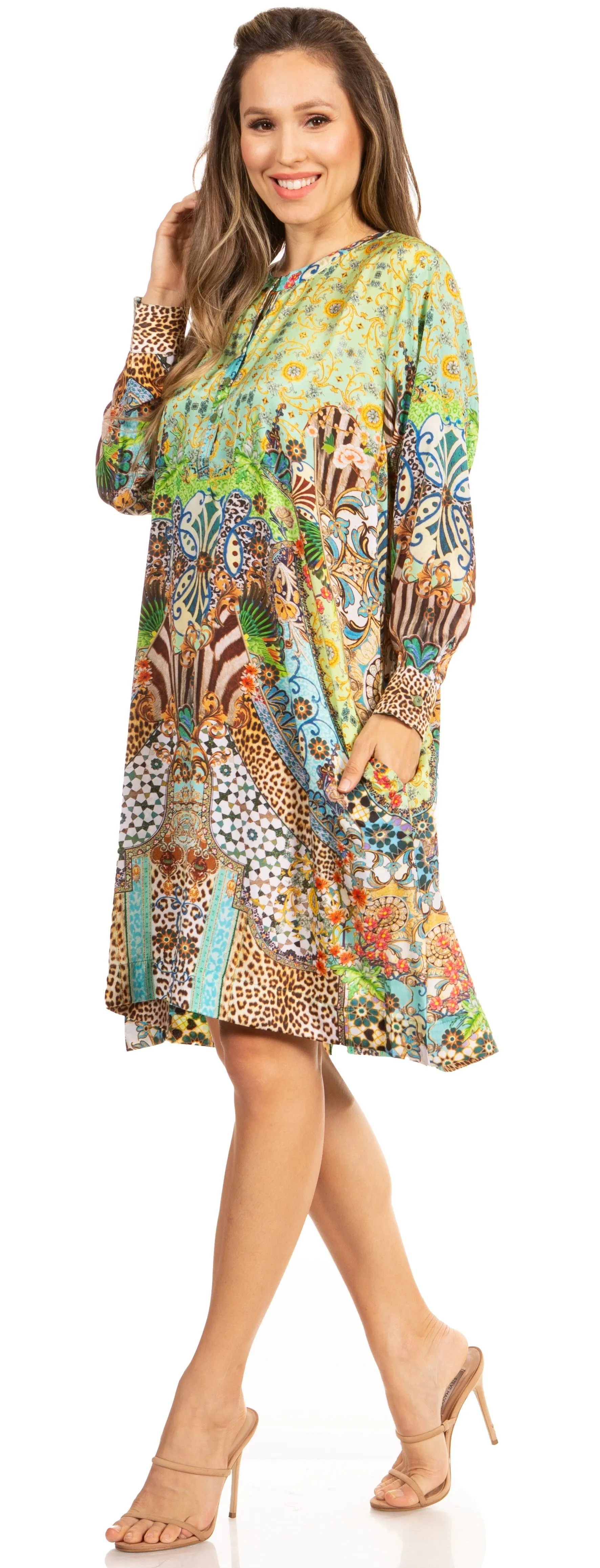 Floral Print Women's Long Sleeve Tunic Dress with Pockets - Sakkas Eloisa