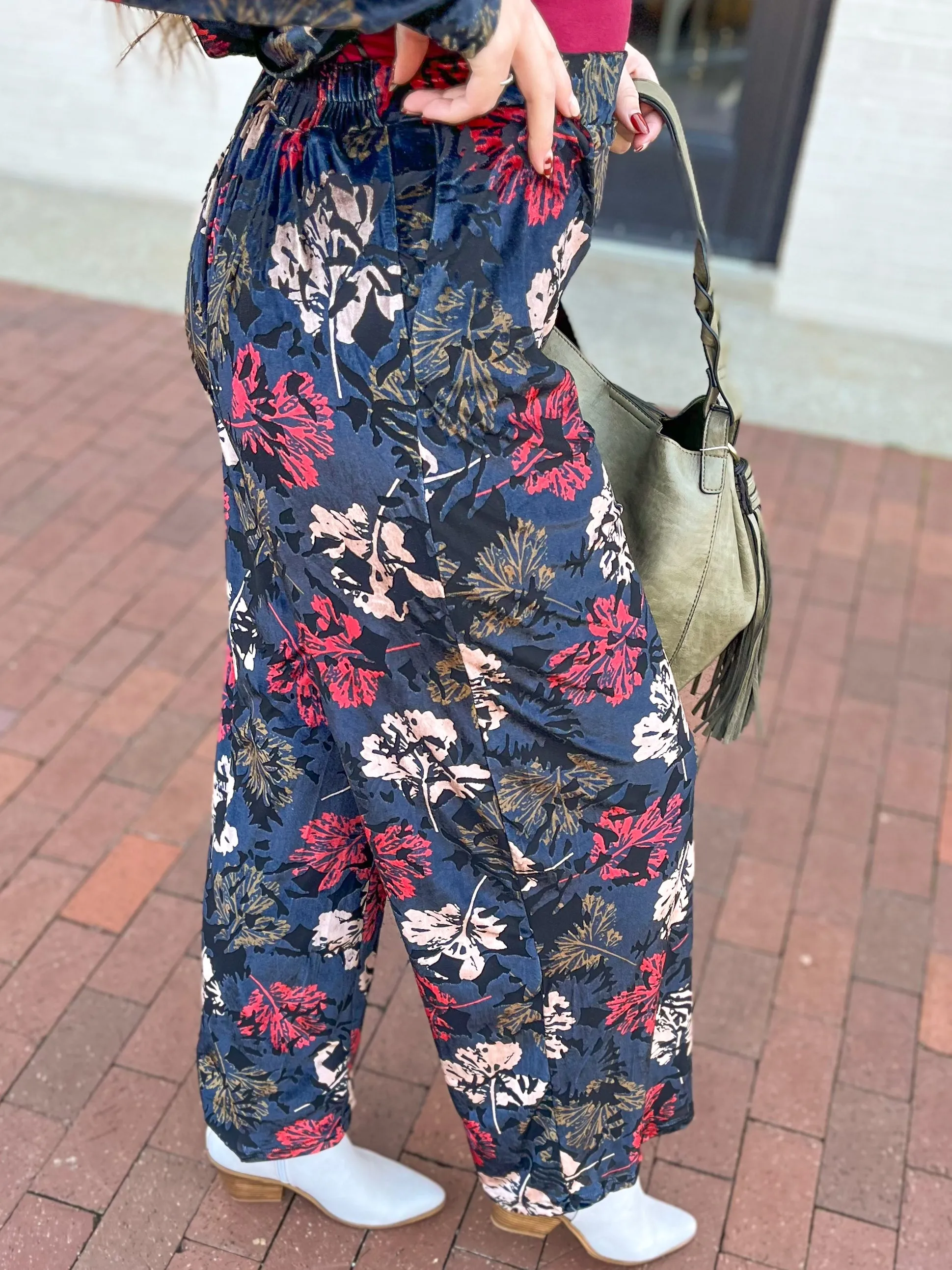 Floral Velvet Burnout Wide Leg Pants