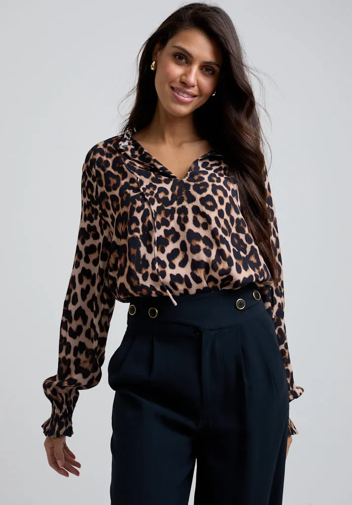 Florence V-Neck Big Cat Print Blouse In Brown