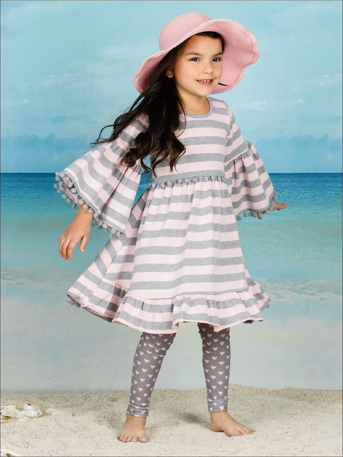 Girls Boho Sleeve Ruffled Trimmed Tunic And Printed Legging Set