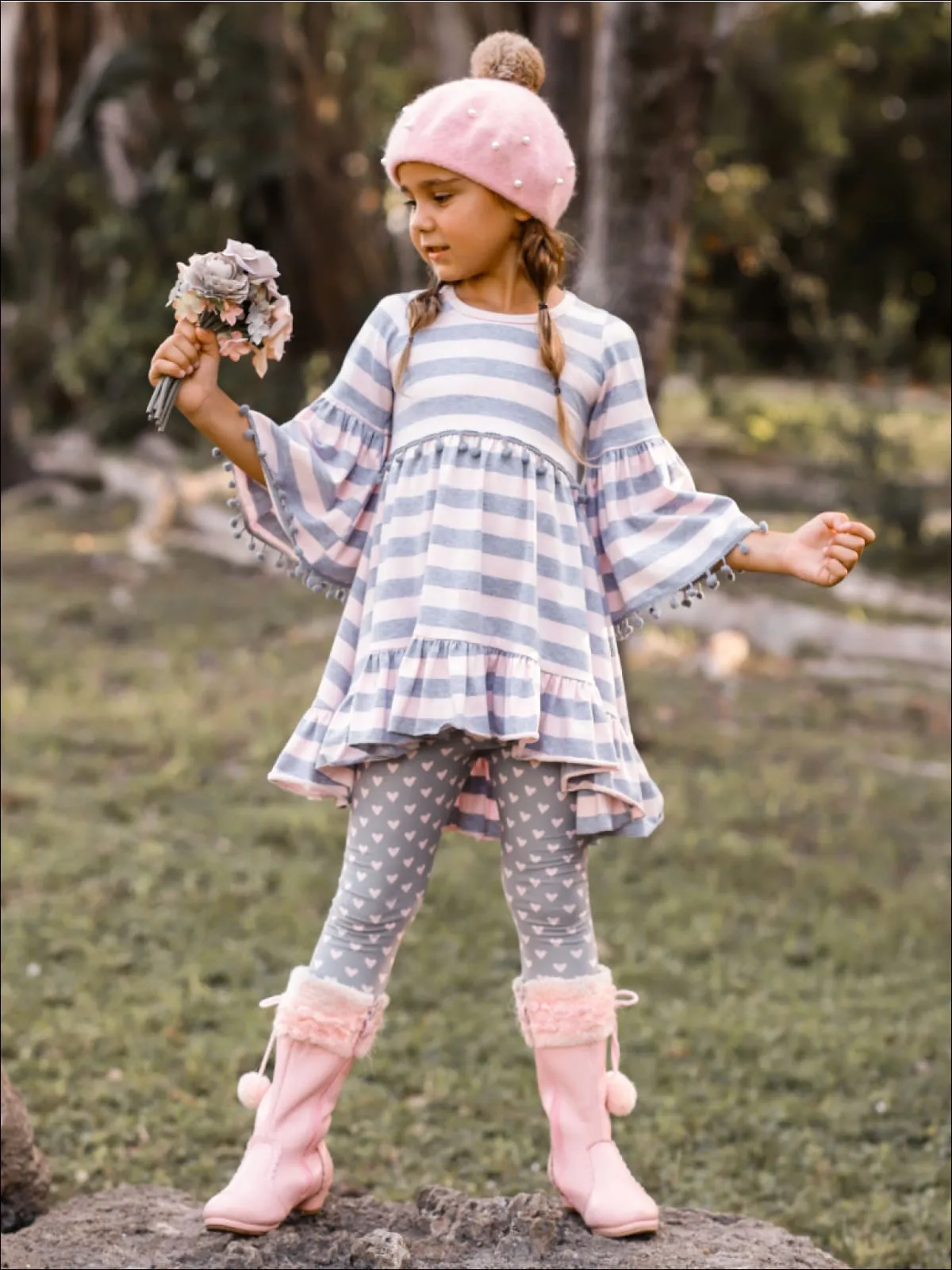 Girls Boho Sleeve Ruffled Trimmed Tunic And Printed Legging Set