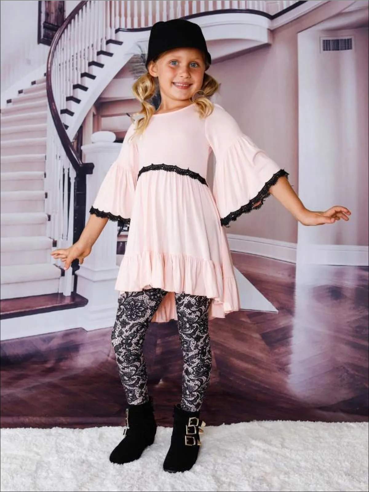 Girls Boho Sleeve Ruffled Trimmed Tunic And Printed Legging Set