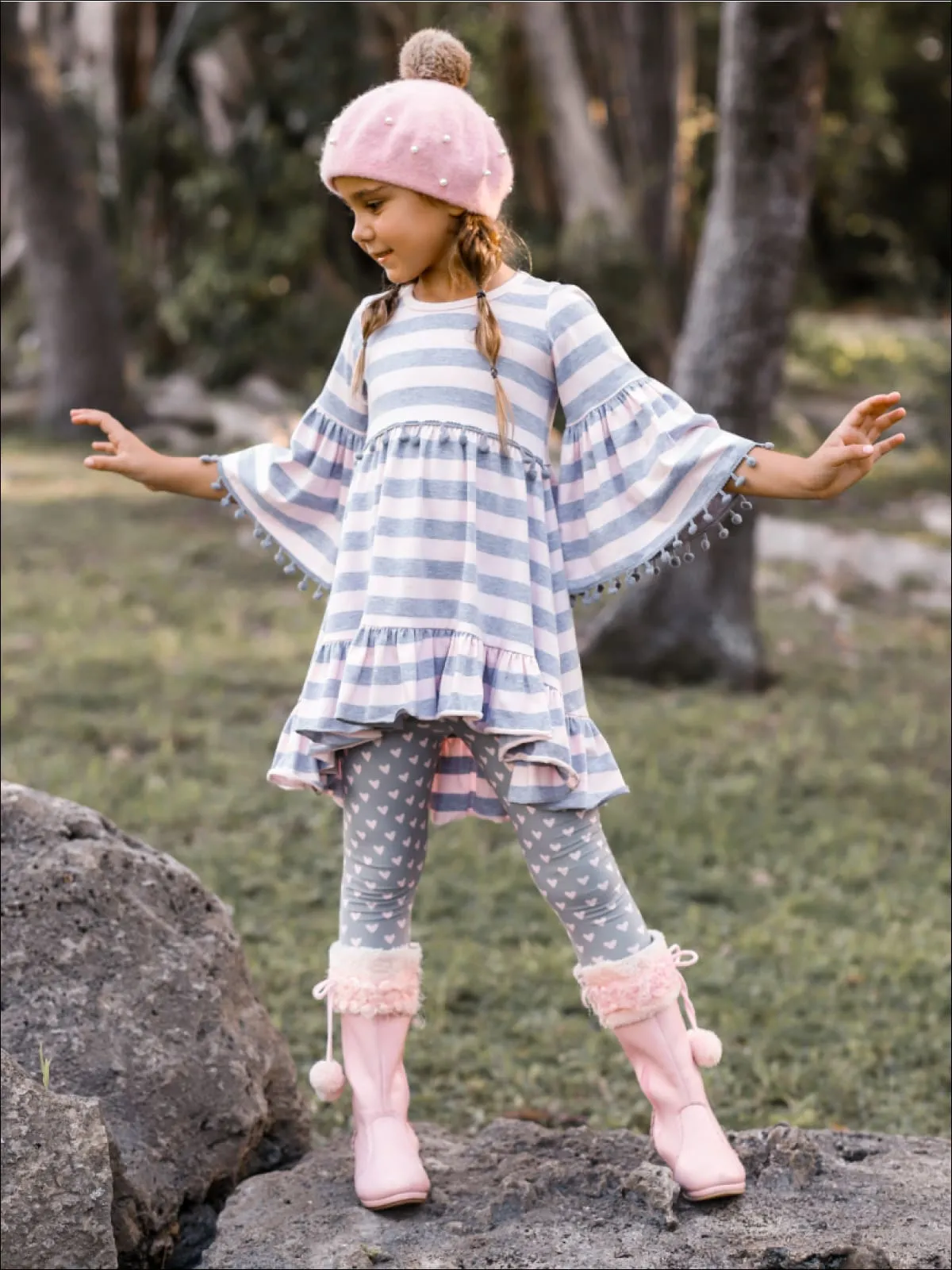 Girls Boho Sleeve Ruffled Trimmed Tunic And Printed Legging Set