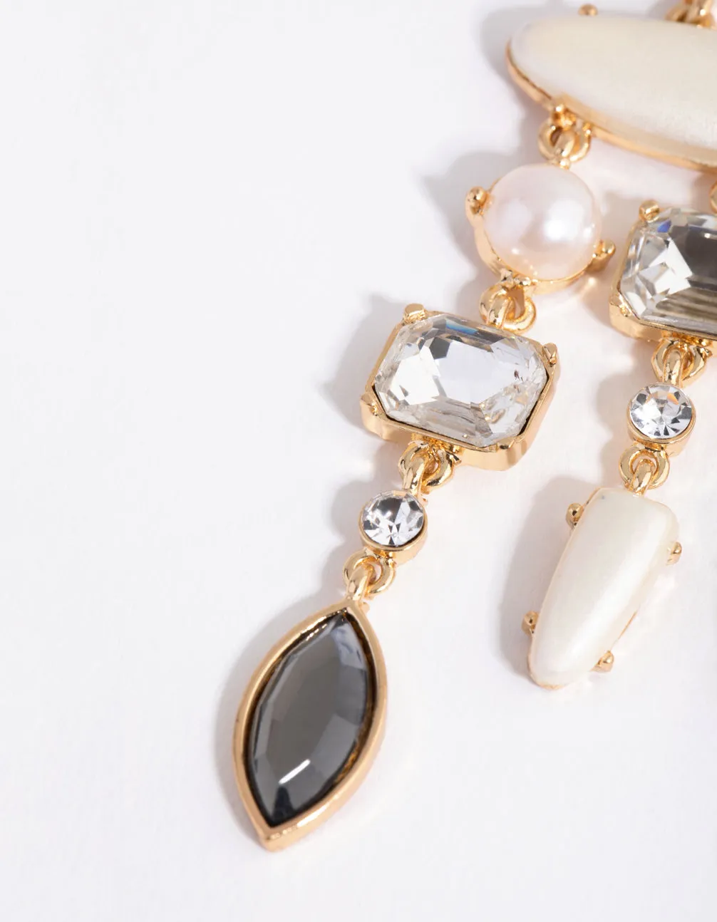 Gold Pearl Diamante Mobile Drop Earrings